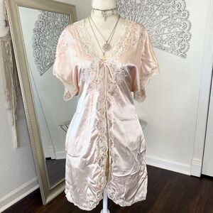 Blush Pink Satin Vintage Whimsical Coquette Floral Front Tie Lingerie Top / Robe